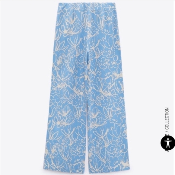 New Zara Full Length Floral Linen Blend High Waisted Blue/White Pants NWT Small - Picture 8 of 15